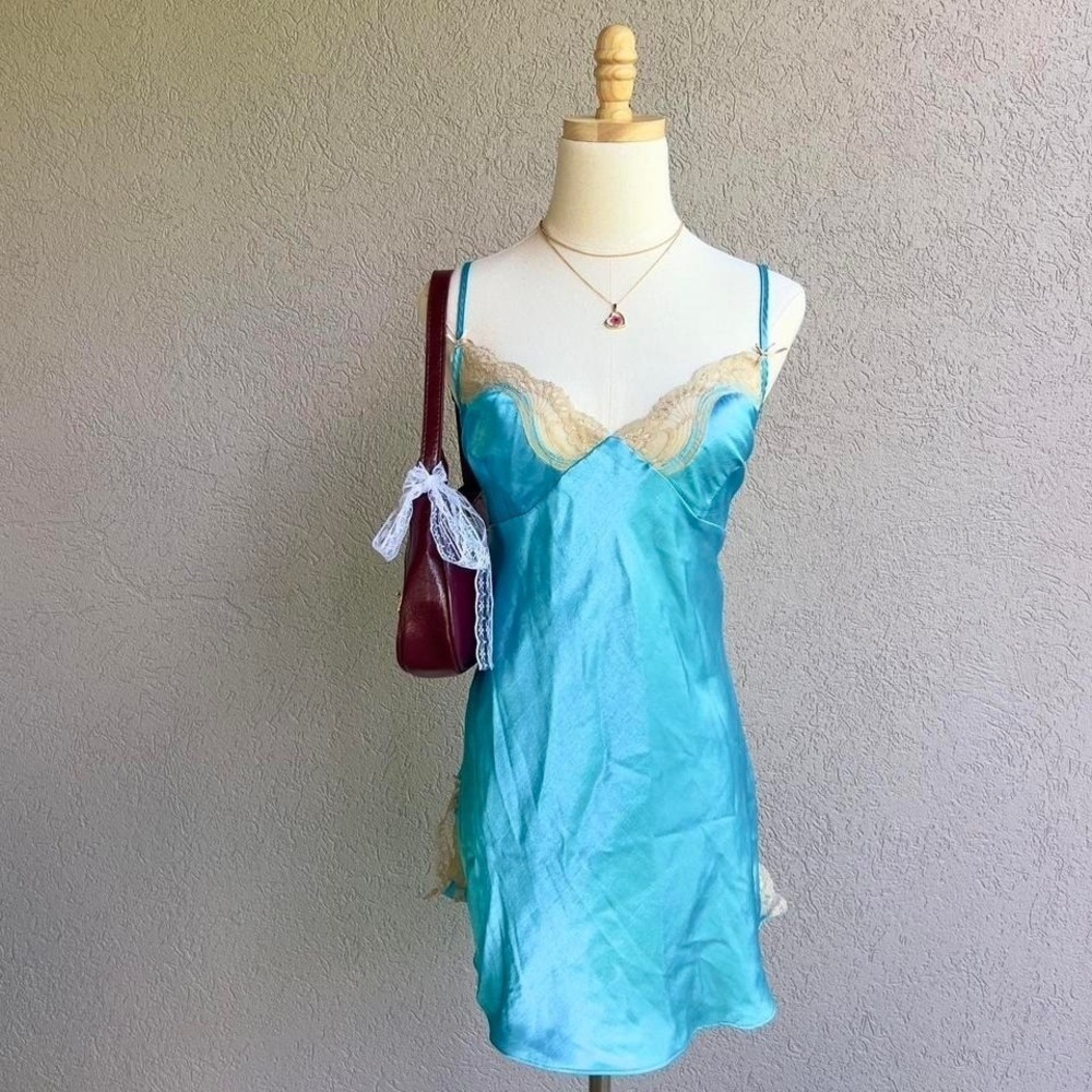 Vintage Y2K No Boundaries Blue Slip Dress Lingerie w/ Lace Size Large Aqua